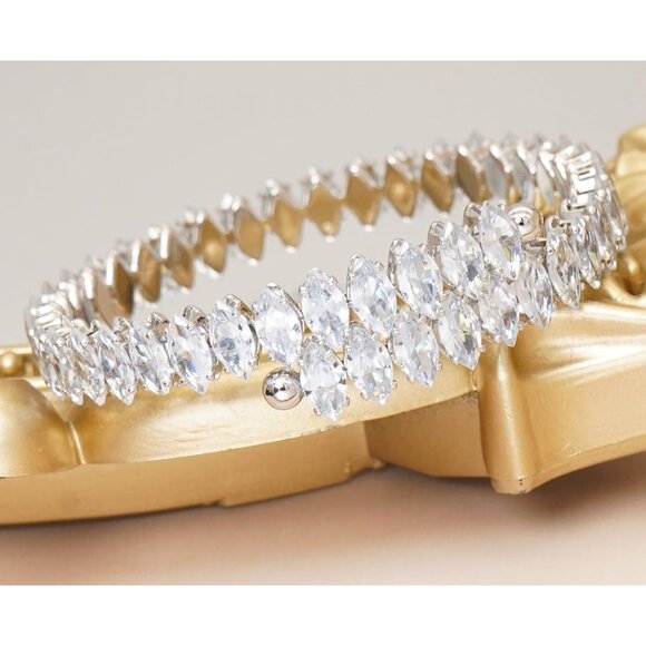 Silver Rhinestone Cuff Bracelet Cubic Zirconia Tennis Bracelets for Women - Picture 2 of 5